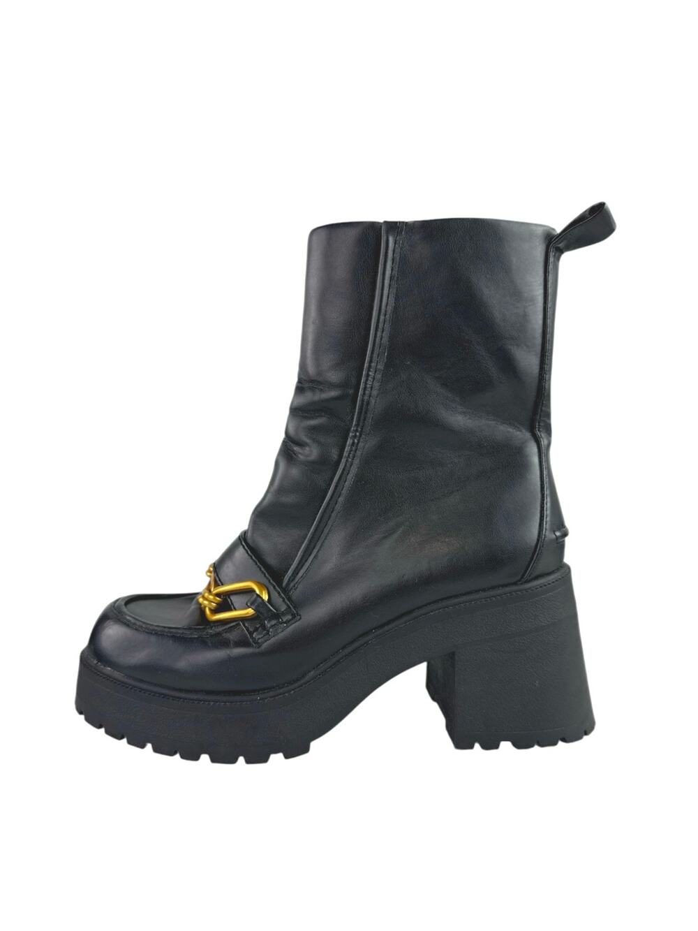 Asos Rani Women's Black Leather Zip Chain Chunky Platform Block Heels Boots Sz 8